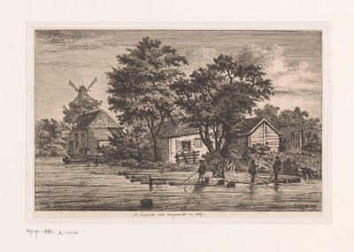 Gezicht op de Engelse vest in Antwerpen waarop boomstammen verzameld worden, op de achtergrond bebouwing en een molen door Jean Théodore Joseph Linnig