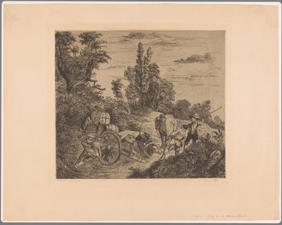 Landschap met een in het water vastgelopen wagen die door een groep mannen op de kant gehesen wordt door Jean Théodore Joseph Linnig