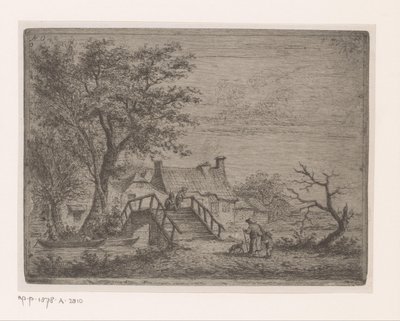 Landschap met houten brug over een rivier door Jean Théodore Joseph Linnig