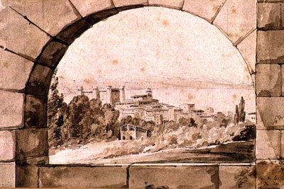 Uitzicht op de stad en het meer van Bracciano, ca. 1810 door Jean Thomas Thibault