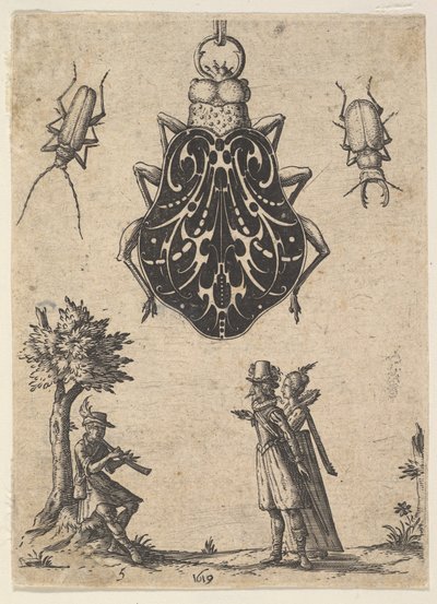 Hanger in de vorm van een kever met een koppel en een jonge man die een instrument bespeelt, 1619 door Jean Toutin
