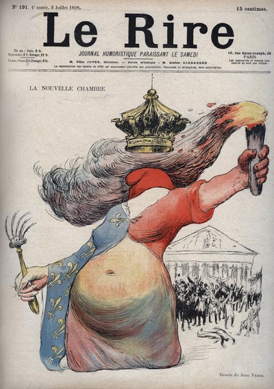 De nieuwe kamer - Marianne met haar gezicht bedekt met een Frygische muts - Marianne gekleed in een jurk in twee delen: een rode kant en de andere kant versierd met lelies - (De cartoon verwijst naar de politieke verdeeldheid tussen republikeinen en monarc door Jean Veber