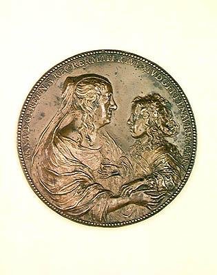 Stichtingsmedaille van Val-de-Grace. Verso met afbeelding van Anna van Oostenrijk en haar zoon, Lodewijk XIV, 1638 door Jean Warin