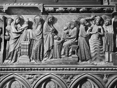 Kathedraal, interieur, koorscherm, Presentatie van Jezus in de Tempel, Jezus onder de Dokters, Doop van Christus, ca. 1340-51 door Jean and Jean Le Boutellier Ravy