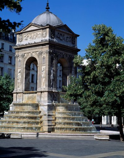 Architectuur: uitzicht op de fontein van de Onschuldigen. Ontworpen door architecten Jean Goujon, Augustin Pajou en Pierre Lescot. 1546-1549. Place Joachim du Bellay, Parijs. door Jean and Lescot Pierre Goujon