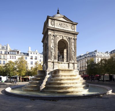 Uitzicht op de Fontaine des Innocents, in renaissancestijl, monumentale fontein gebouwd in 1549 onder het bewind van Hendrik II door Jean and Lescot Pierre Goujon