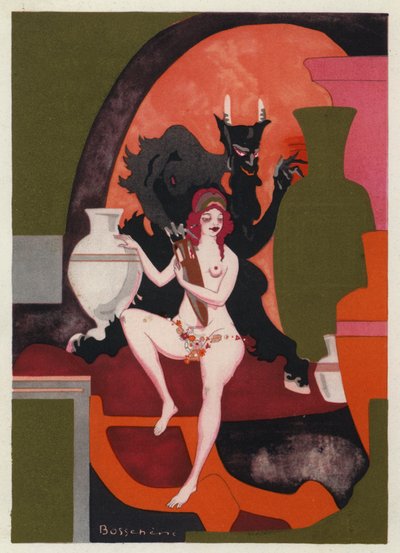 De Liefdesboeken van Ovidius: Liefde, met blozende wangen, houdt in haar broze armen de amphora van Bacchus door Jean de Bosschere