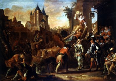 Aankomst van de komedianten in Le Mans. Schilderij ter illustratie van 