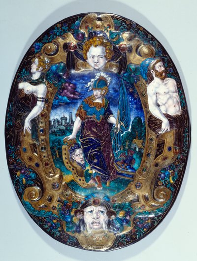 Geschilderd emaillen dienblad met Minerva op een landschap achtergrond gemaakt door Jean Court dit Vigier (16e eeuw) (schilder emailleur in LIMOGES) Parijs, Louvre Museum door Jean de Court