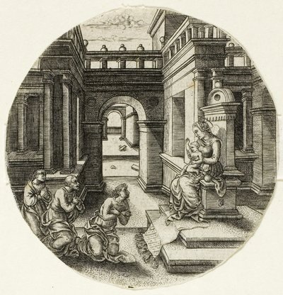 De Maagd zittend op een altaar door Jean de Gourmont