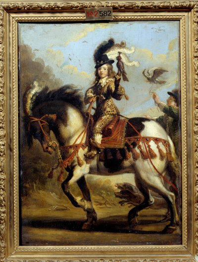Ruiterportret van de jonge Lodewijk XIV die op jacht gaat door Jean de Saint Igny
