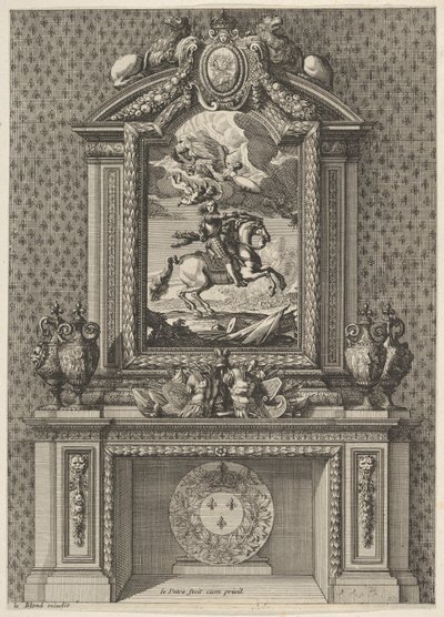 Schoorsteen met een schilderij van Lodewijk XIV boven de schouw, uit 