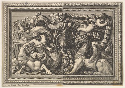 Ontwerp voor een paneel met twee varianten met een hippocampus en een griffioen, uit: Ornements..., 1651 door Jean le Pautre