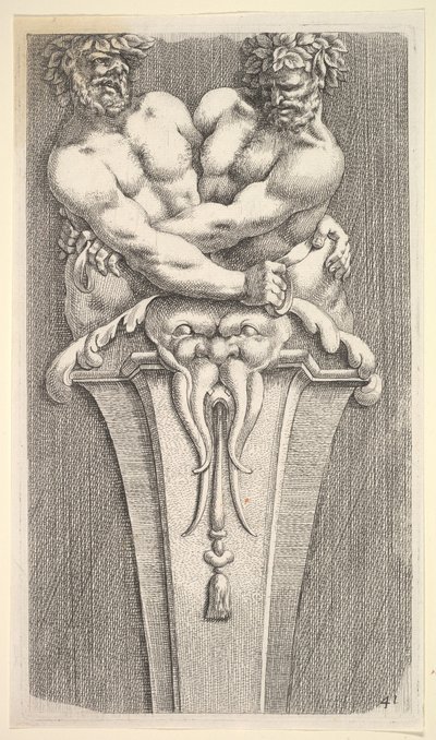Ontwerp voor een term met twee Bacchische figuren, uit: Curieuses recherches de plusieurs beaus ..., 1645 door Jean le Pautre