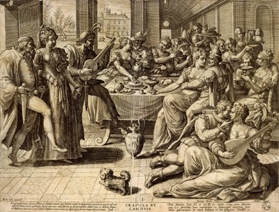 Diner door Jan Sadeler I (1550-1600), gravure door Jean or Johann Sadeler
