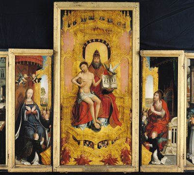 Polyptiek van de Verheerlijking van de Heilige Drie-eenheid, centraal paneel met de Drie-eenheid, de Maagd en St. Johannes de Doper, c.1509-16 door Jean the Elder Bellegambe