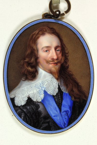 Koning Charles I in paarse zwarte kleding met kanten kraag en blauwe lint van de Kousenband door Jean the Elder Petitot