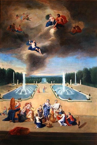 Bossen van Versailles. Uitzicht op het waterparterre en de kabinetten van dieren, met priesteressen die een offer voor Venus voorbereiden door Jean the Younger Cotelle