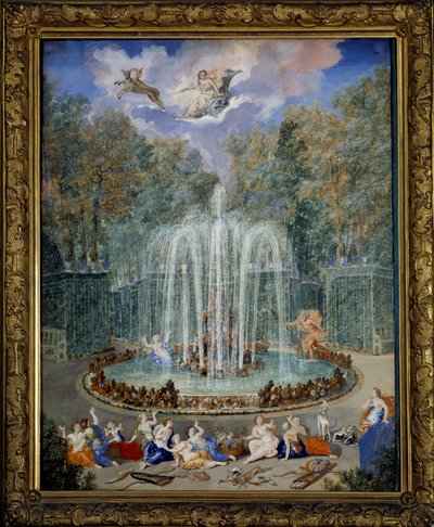 Zicht op het bosje van de ster of waterberg in de tuinen van Versailles met Alphee die Arethuse achtervolgt en in de lucht, Diane leidt haar wagen door Jean the Younger Cotelle