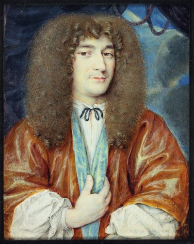 Een heer in wit hemd en oranje gewaad met blauwe zijde, lange lichtbruine pruik door Jean the Younger attr.to Petitot