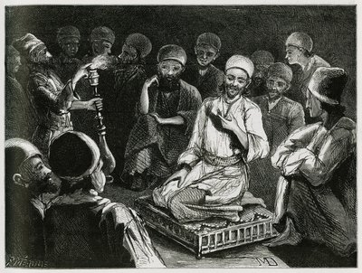 Perzische verhalenverteller omringd door zijn publiek. Gravure door de Reiziger auteur, ter illustratie van het verhaal "Perzië, Chaldee en Susiane" door Jeanne Dieulafoy