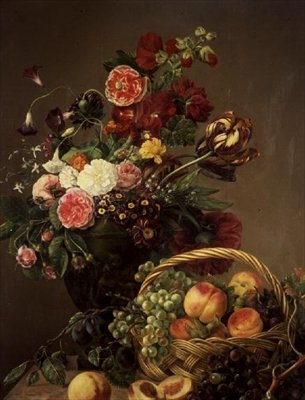 Stilleven met Bloemen en Fruit in een Mand door Jeanne Marie Josephine Hellemans