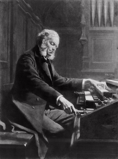 Cesar Franck aan de console van het orgel in de St. Clotilde Basiliek, Parijs, 1885 door Jeanne Rongier