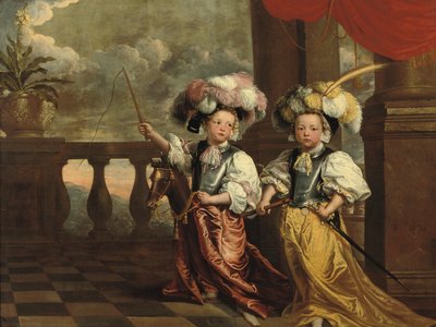 Een dubbelportret van twee jongens, verkleed als ridders, een met een fluit, de ander op een stokpaard met een zweep, beide op een balkon, 1668 door Jeanne Vergouwen
