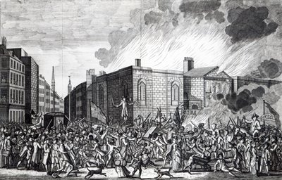 Een exacte weergave van de brand, plundering en vernietiging van Newgate door de relschoppers op de gedenkwaardige 7 juni 1780, gegraveerd door Henry Roberts, 1781 door Jefferyes Hammett O