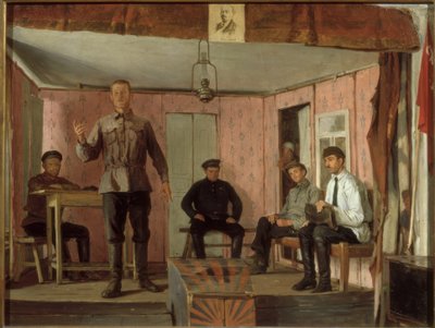 Een vergadering van de dorpscommunistische cel door Jefim Michailowitsch Tschepzow