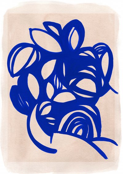 Blauw, abstract bloemmotief door Jenja Braun
