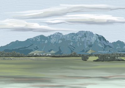Landschap met bergen in de verte door Jenna Alheit