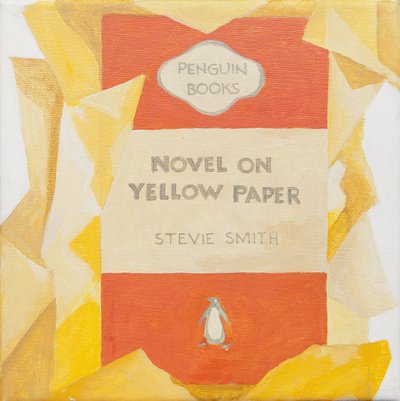Penguin boekomslag. Roman op geel papier (acryl) door Jennifer Abbott