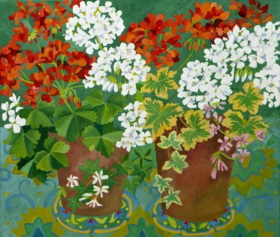 Rode en witte geraniums in potten, 2013 (acryl op doek) door Jennifer Abbott