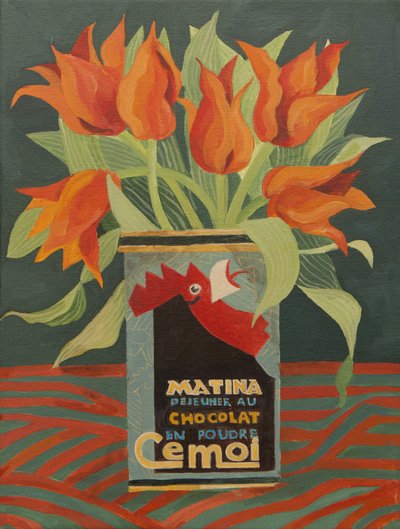 Rode tulpen in oude koffiekan (acryl) door Jennifer Abbott