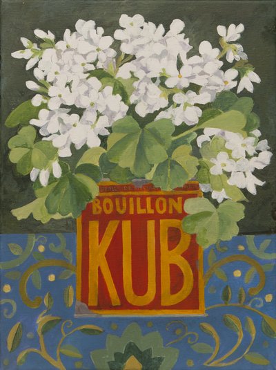 Witte geraniums in oud voorraadblik (acryl) door Jennifer Abbott