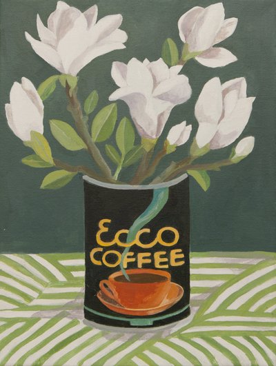 Witte magnolia in oude koffiekan (acryl) door Jennifer Abbott