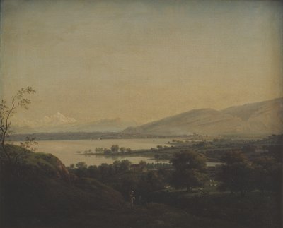 Uitzicht over het Meer van Genève naar de Mont Blanc en Genève door Jens Juel