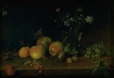 Bloemen en fruit op een tafel door Jens Juel