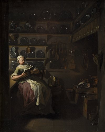 Keukeninterieur met een lezend meisje door Jens Juel