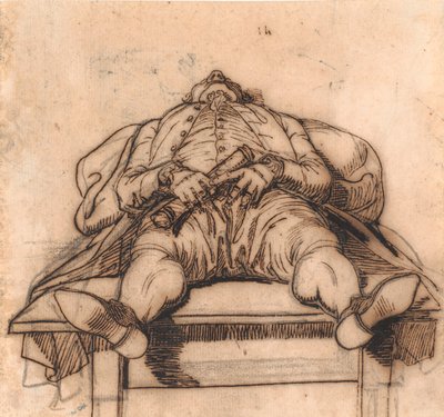 De kopergraveur F.L. Bradt slapend aan een tafel. Gezien vanaf de schoenen en sterk verkort door Jens Juel