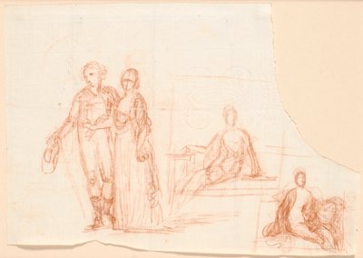 Compositie schets voor het Ryberg familieportret; rechts schets voor een zittende vrouwenfiguur door Jens Juel