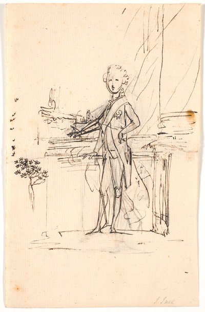 Compositieontwerp voor een portret in volle lengte van Frederik de zesde als jonge kroonprins. Staand bij een tafel, en face naar links door Jens Juel