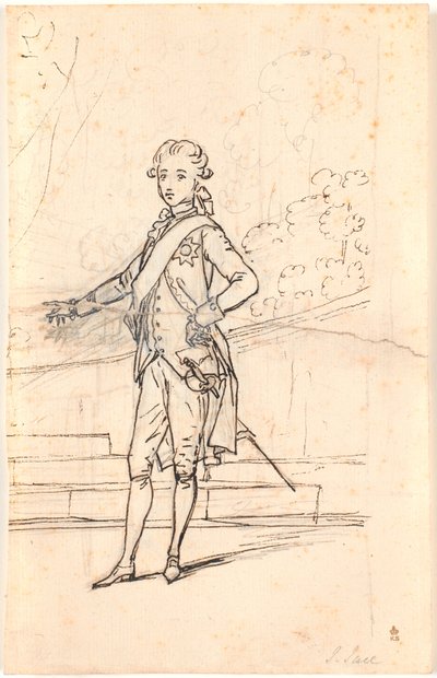 Compositieontwerp voor een portret in volledige figuur van Frederik de zesde als jonge kroonprins. Staand en face met rechterhand in de zij en linkerhand gesteund op een tafel door Jens Juel