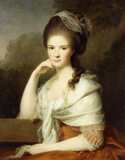 Portret van een dame, zittend half-lengte, gekleed in een bruine jurk en een witte sjaal, 1778 door Jens Juel