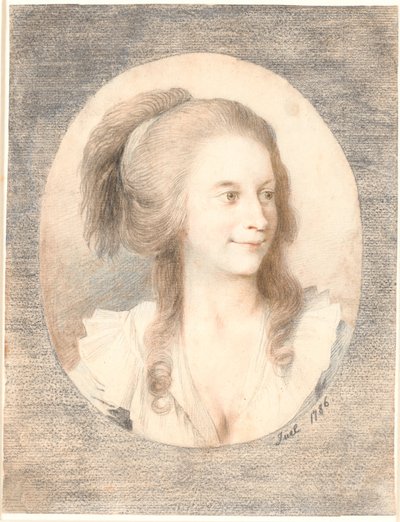 Portret van pastoorsvrouw Nicolai Bierfreund, geboren Henriksen. Ovaal, driekwart profiel naar rechts door Jens Juel
