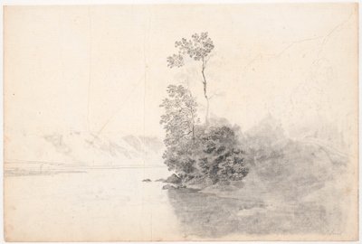 Zwitserlandschap met bomen op een landtong in een meer door Jens Juel
