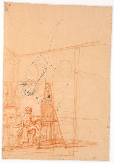 Studie van de rechterarm van een staande man en een compositieschets voor een dubbelportret van Juel en zijn vrouw bij de ezel door Jens Juel