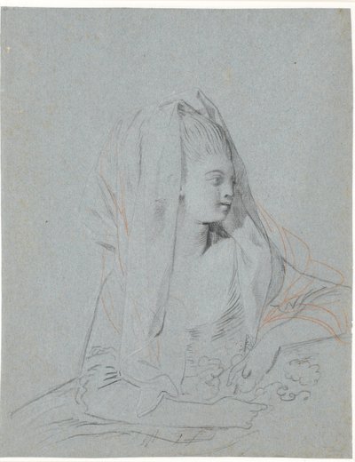 Studie van zittende jonge dame met bloemen in haar handen en sluier over haar hoofd door Jens Juel
