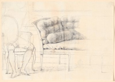 Studie voor het Holmskiold-familieportret uit 1787: de gestoffeerde bank, en links een stoel met de figuur van Holmskiold geschetst door Jens Juel